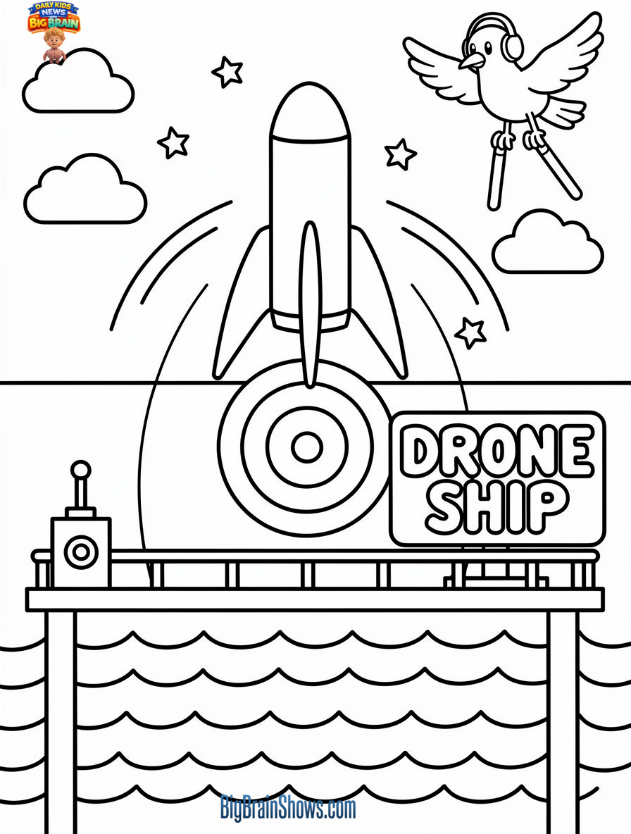 Coloring Page: Rocket Booster Landing on a Drone Ship