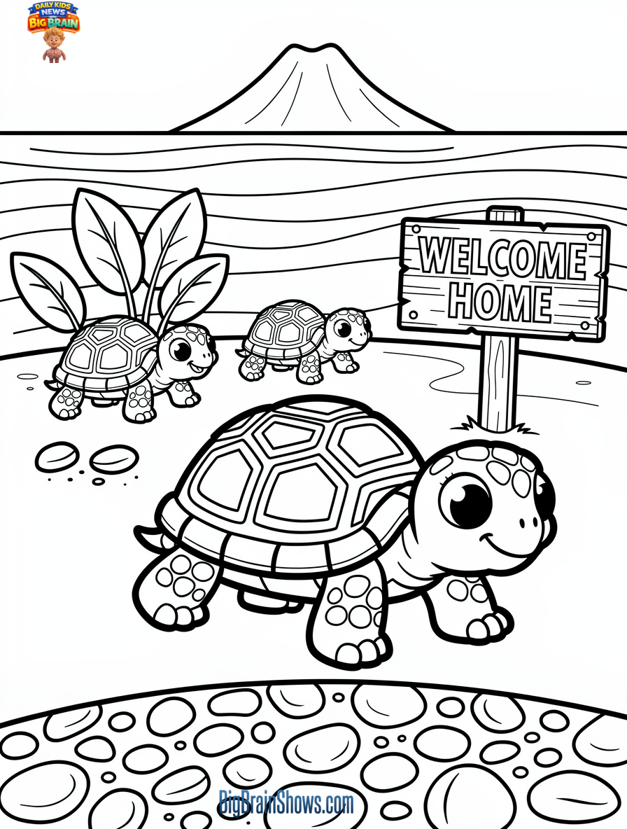 Coloring Page: Young Giant Tortoises Welcome Home to Floreana Island
