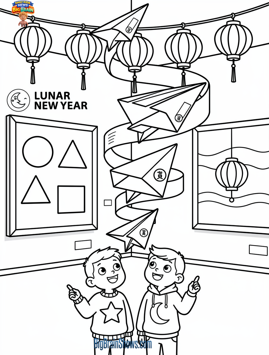 Coloring Page: Lunar New Year Art Gallery with Red-Envelope Paper Planes