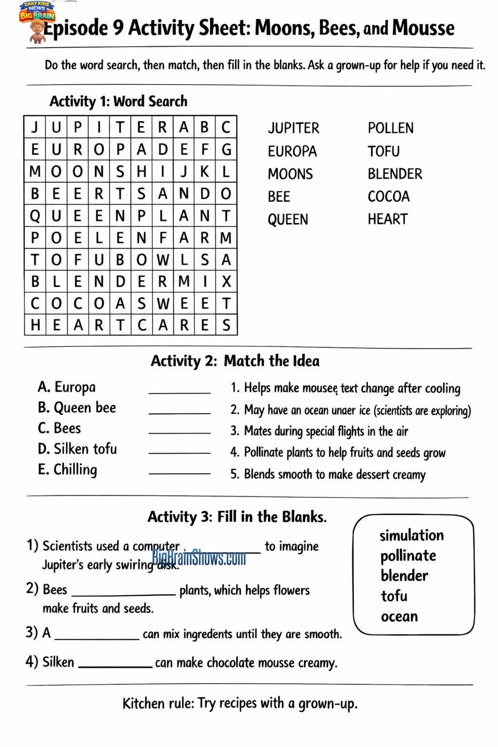 Episode 9 Activity Sheet: Find Words, Match Ideas, and Fill the Blanks