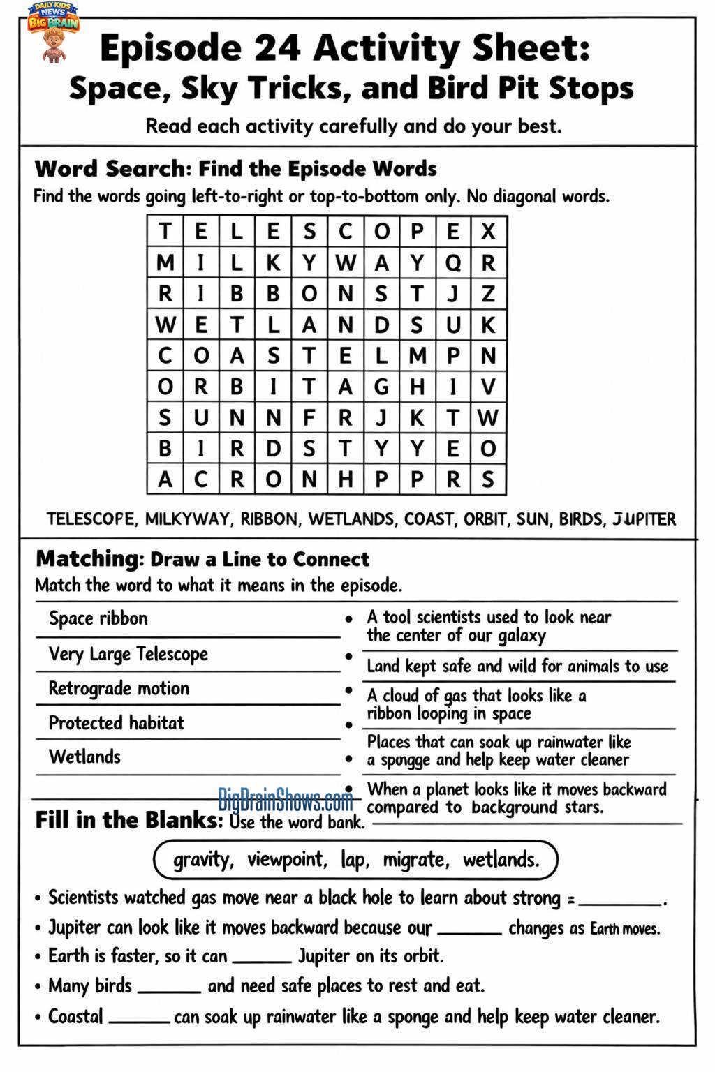 Episode 24 Activity Sheet: Space, Sky Tricks, and Bird Pit Stops