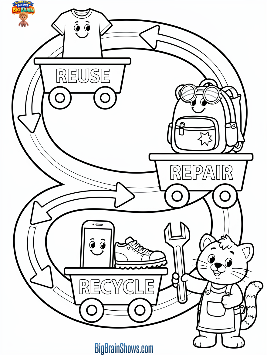 Coloring Page: The Circular Economy Loop (Reuse, Repair, Recycle)