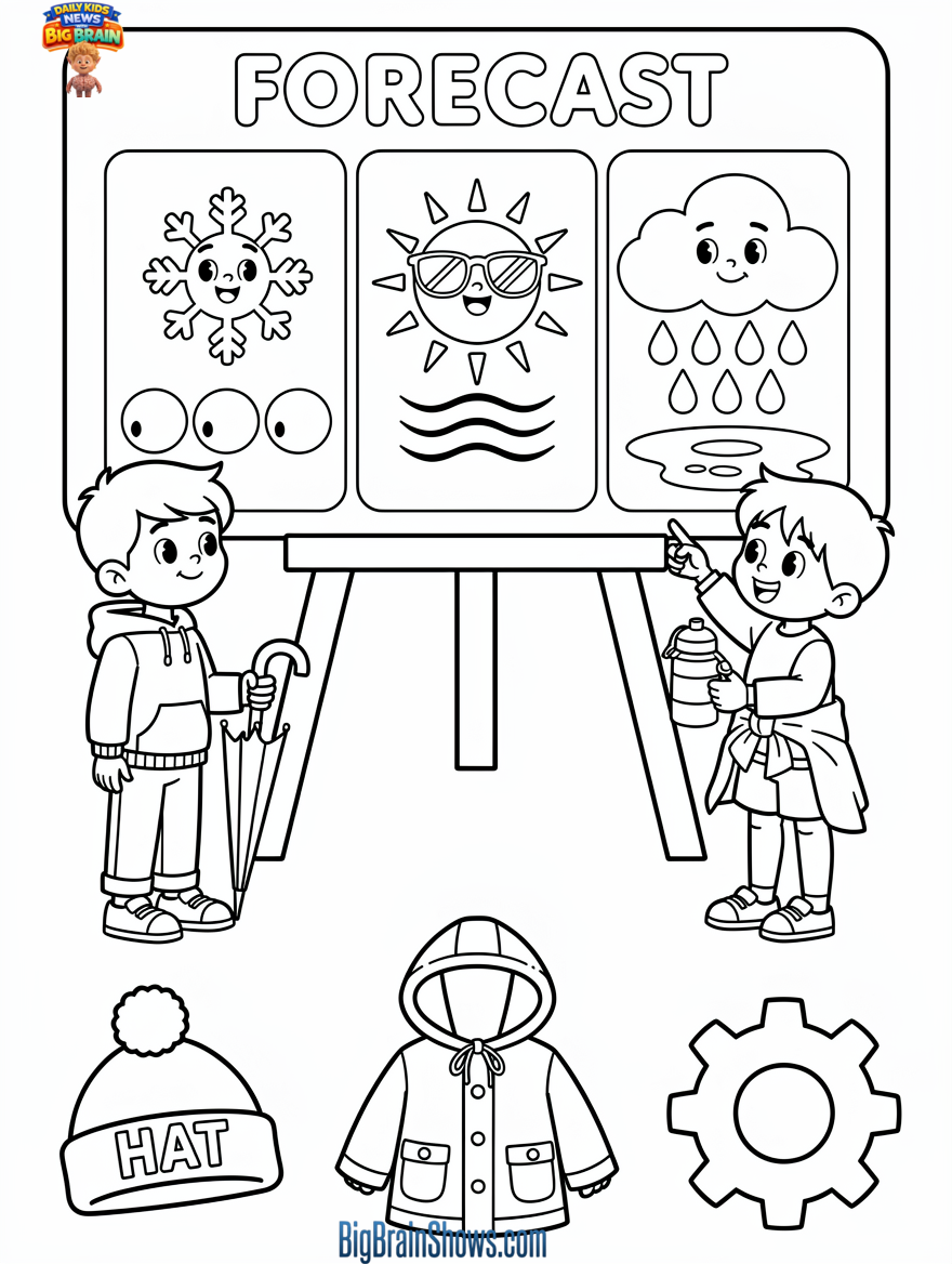 Coloring Page: Weather Whiplash Map and Forecast Gear