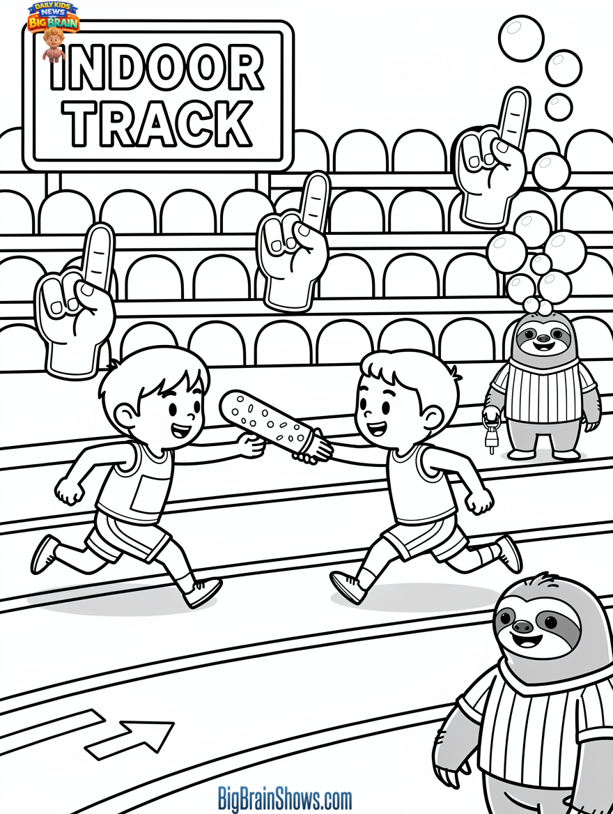Coloring Page: Indoor Track Relay Teamwork