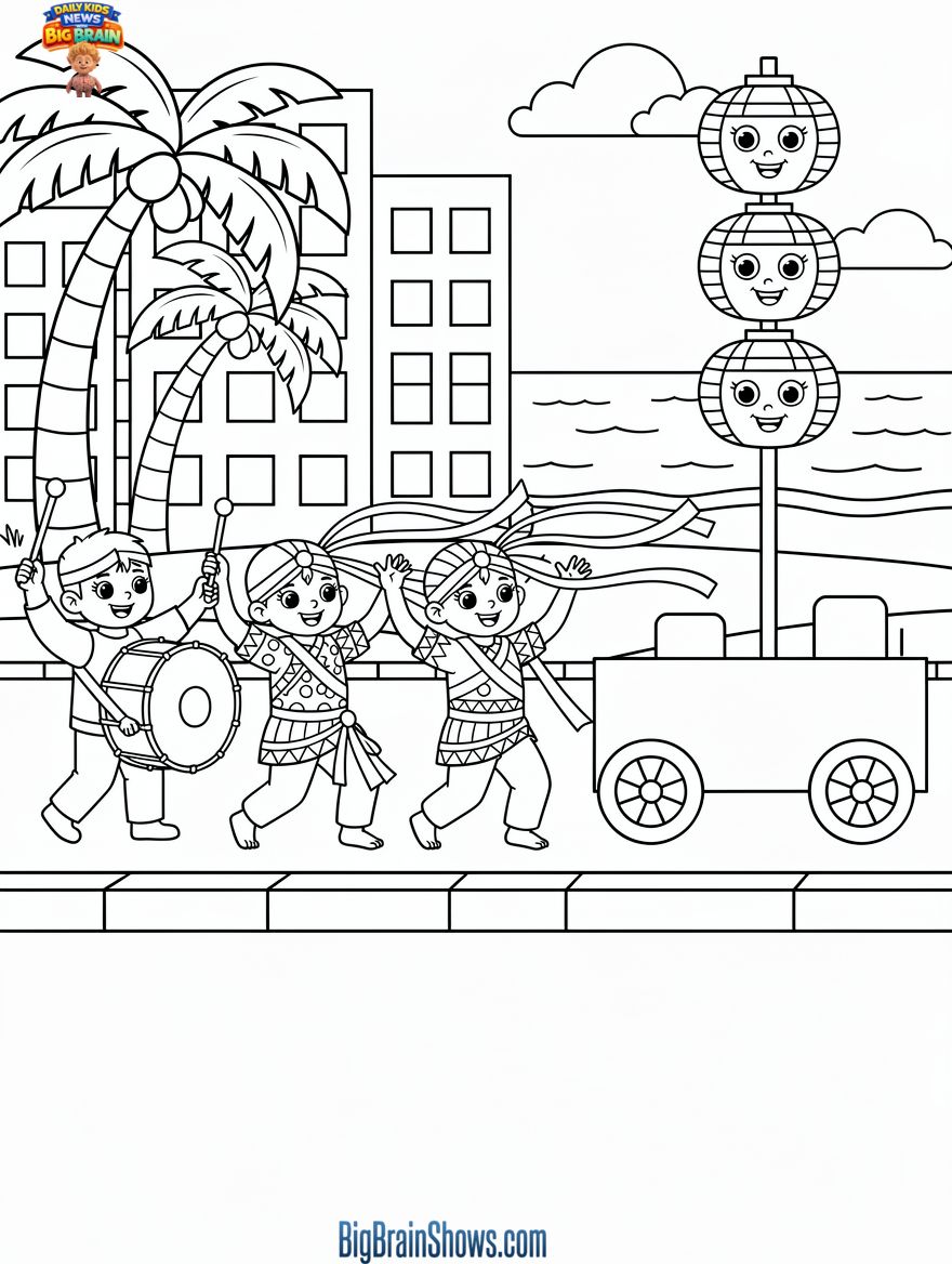 Coloring Page: Honolulu Festival Parade and Fireworks