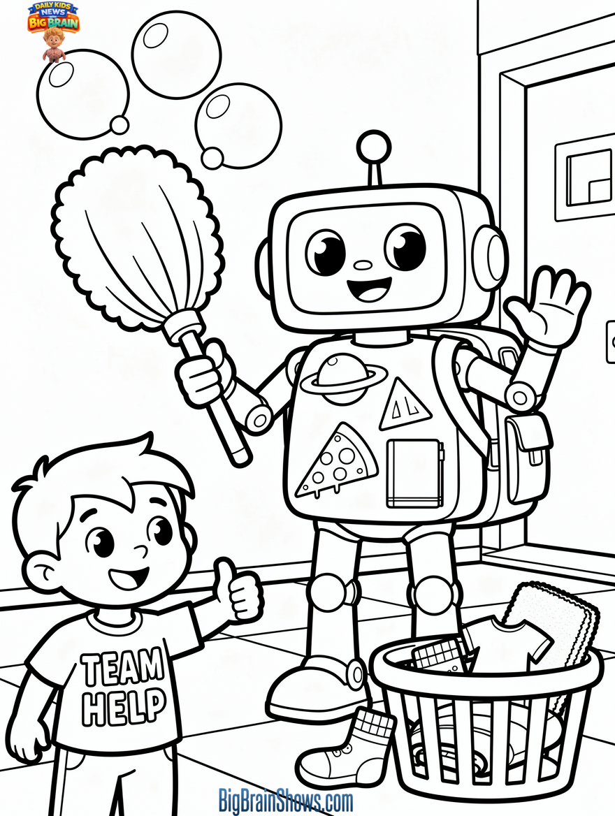 Coloring Page: Friendly Helper Robot in the School Hallway