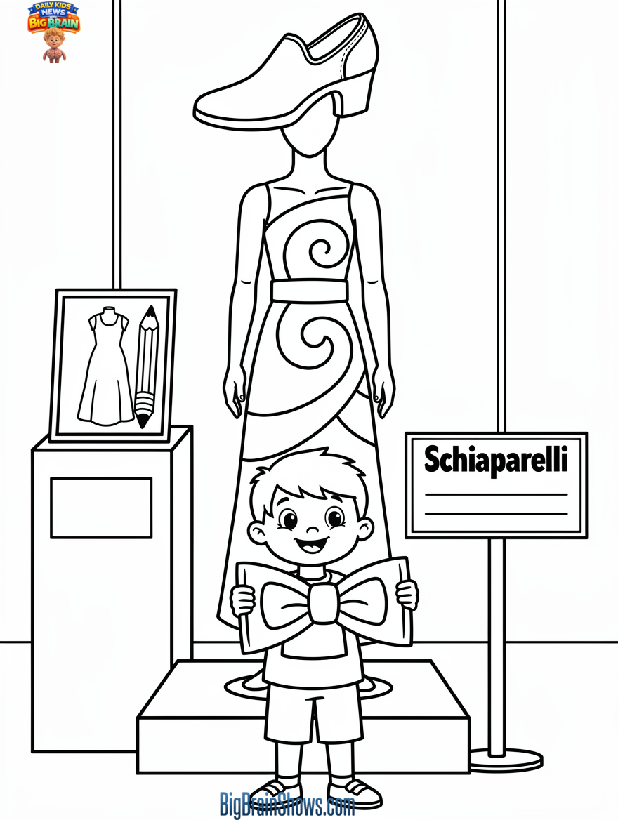 Coloring Page: Surreal Fashion Exhibition in a Museum