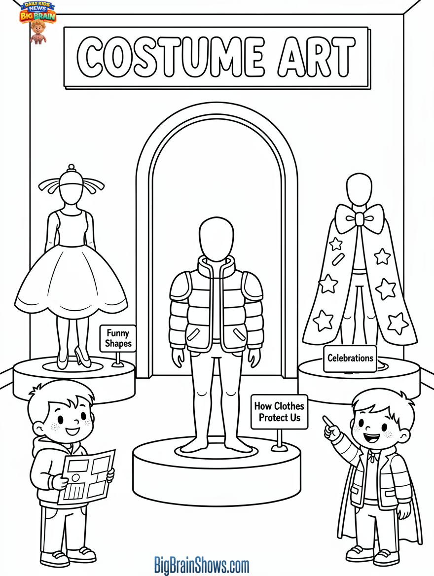Coloring Page: Costume Art in a Museum Gallery