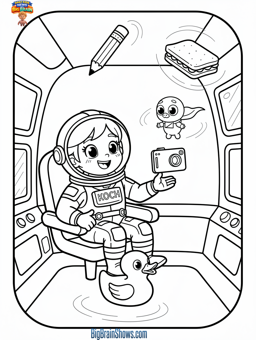 Coloring Page: Artemis 2 Space Selfie with a Floating Mascot