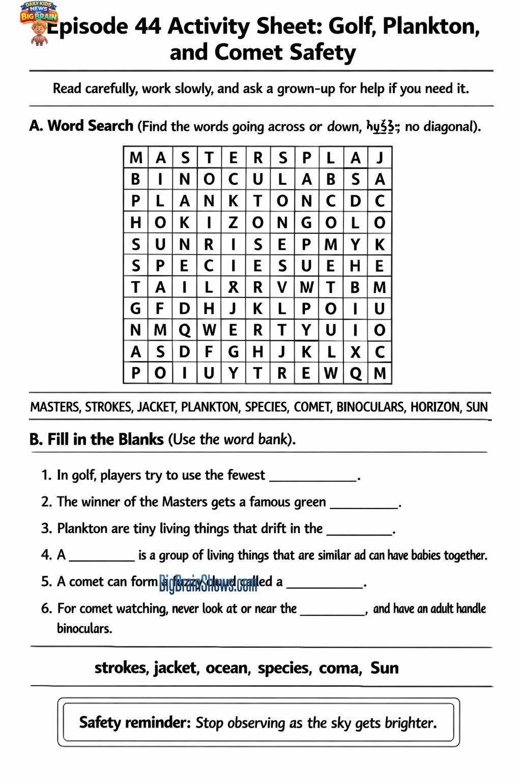 Episode 44 Activity Sheet: Golf, Plankton, and Comet Safety