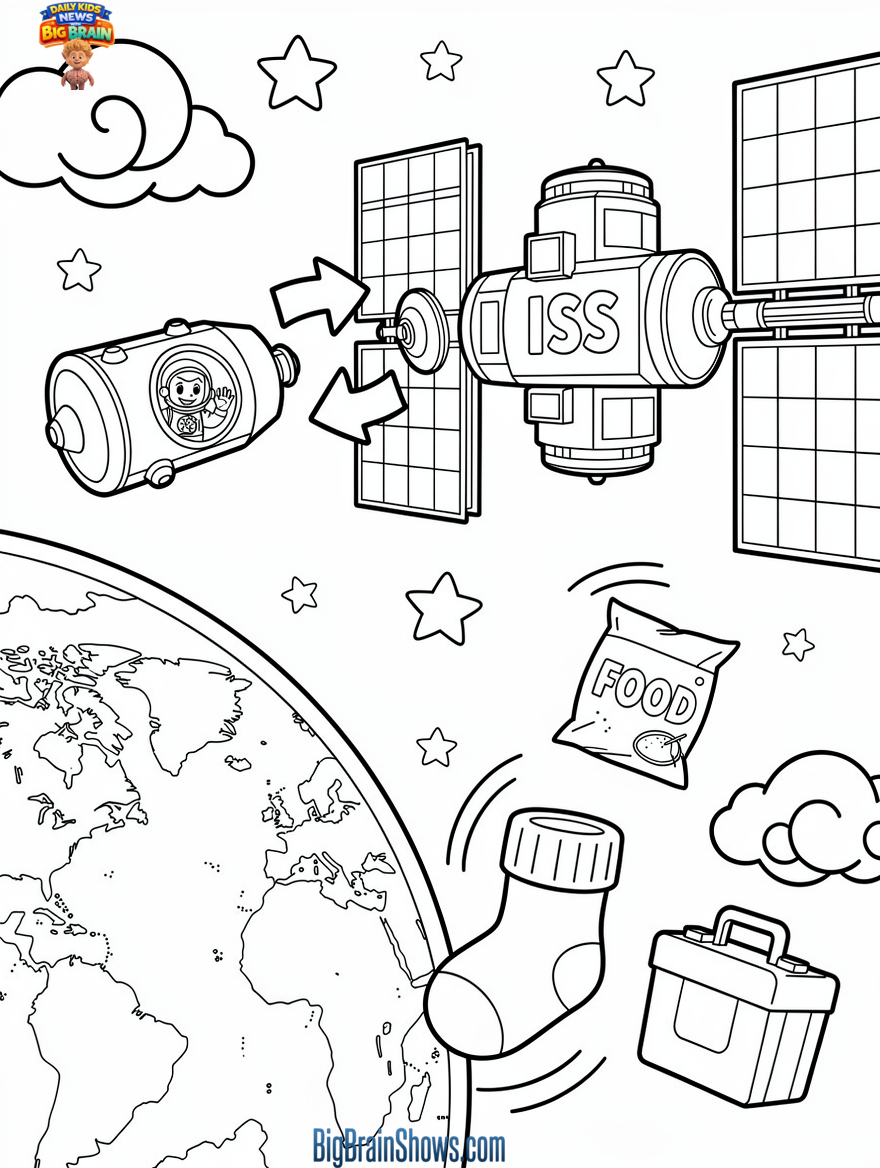 Coloring Page: Cargo Ship Docking at the ISS