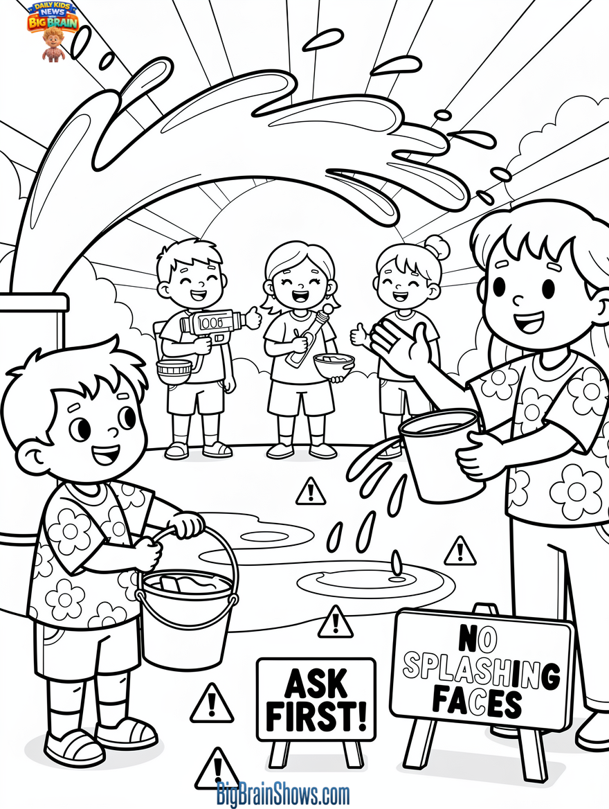 Colouring Page: Songkran Water Festival—Splash Safely and Kindly
