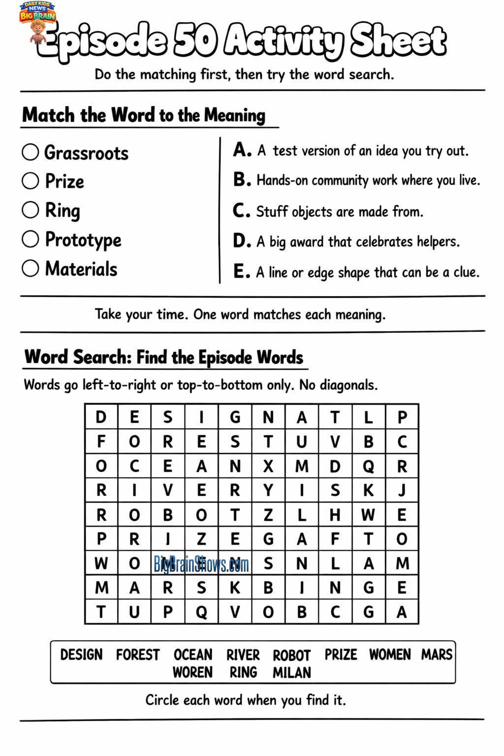 Episode 50 Activity Sheet: Clues, Helpers, and Design Ideas