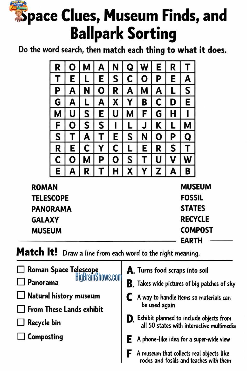 Episode 52 Activity Sheet: Space Clues, Museum Finds, and Ballpark Sorting