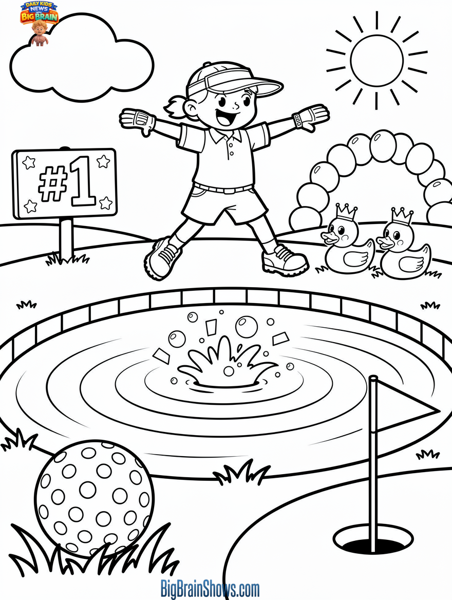Coloring Page: The Winner’s Pond Splash (Golf Celebration)
