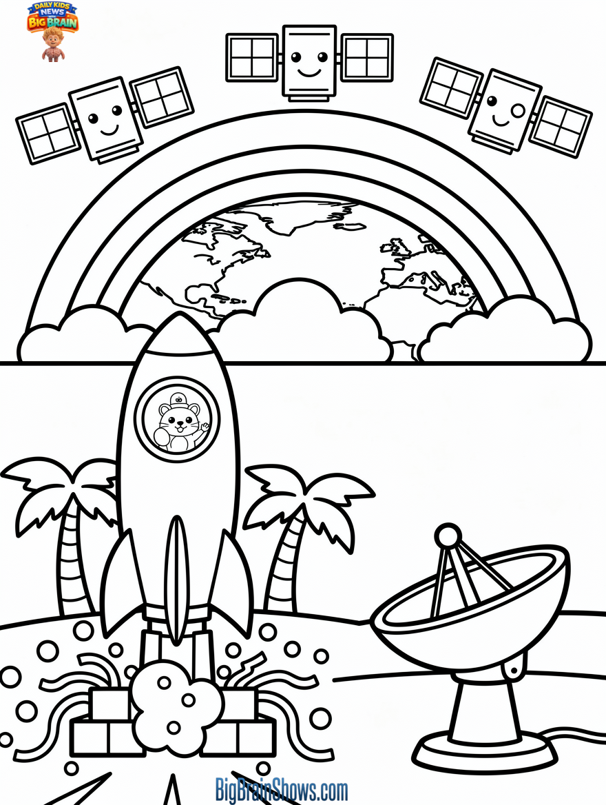 Rocket, Satellites, and Ground Station Coloring Page