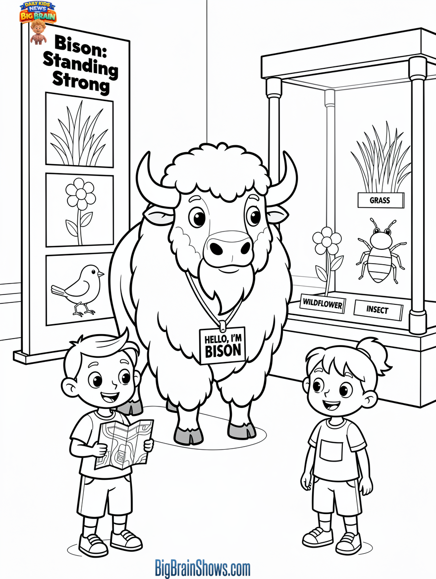 Coloring Page: Bison and Grassland Museum Exhibit
