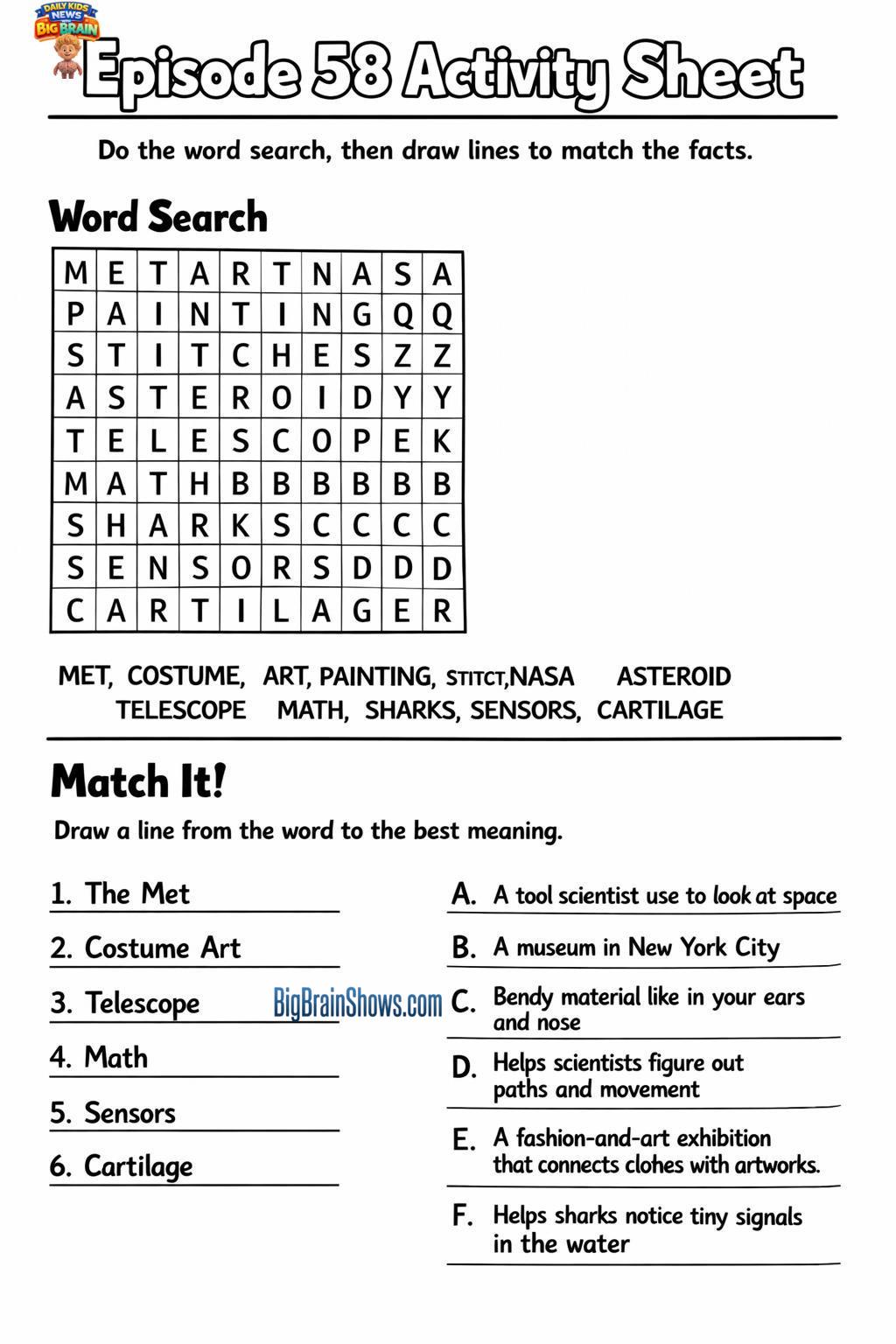 Episode 58 Activity Sheet: Museum Clues, Space Paths, and Shark Facts