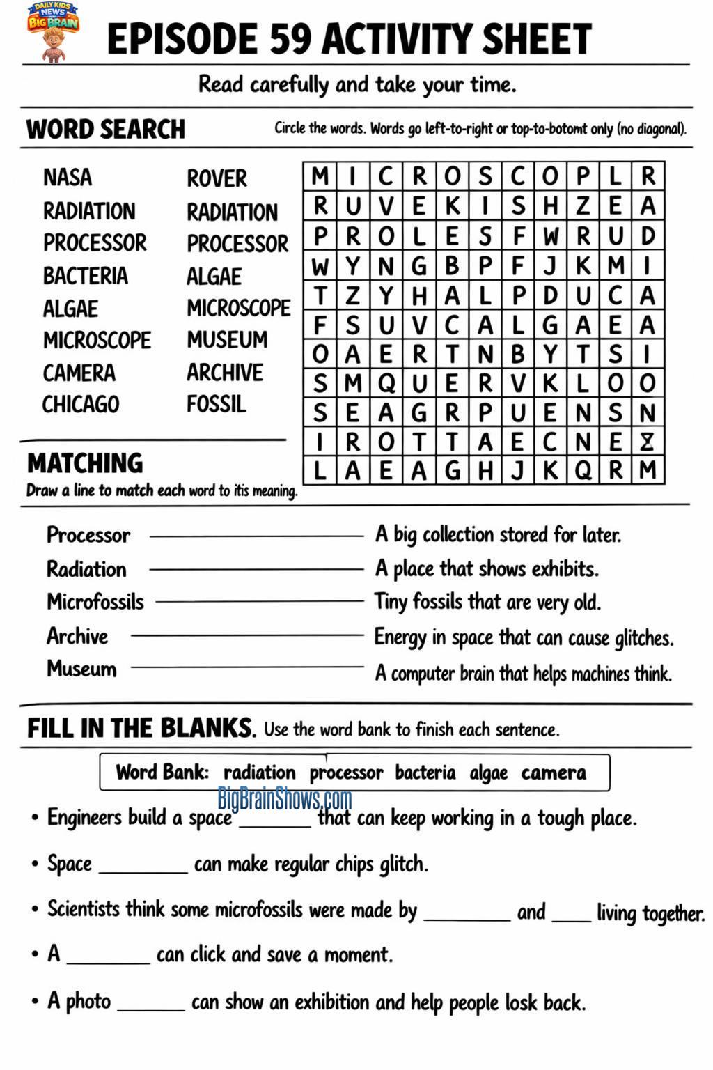Episode 59 Activity Sheet: Find the Words, Match the Clues, Fill the Facts