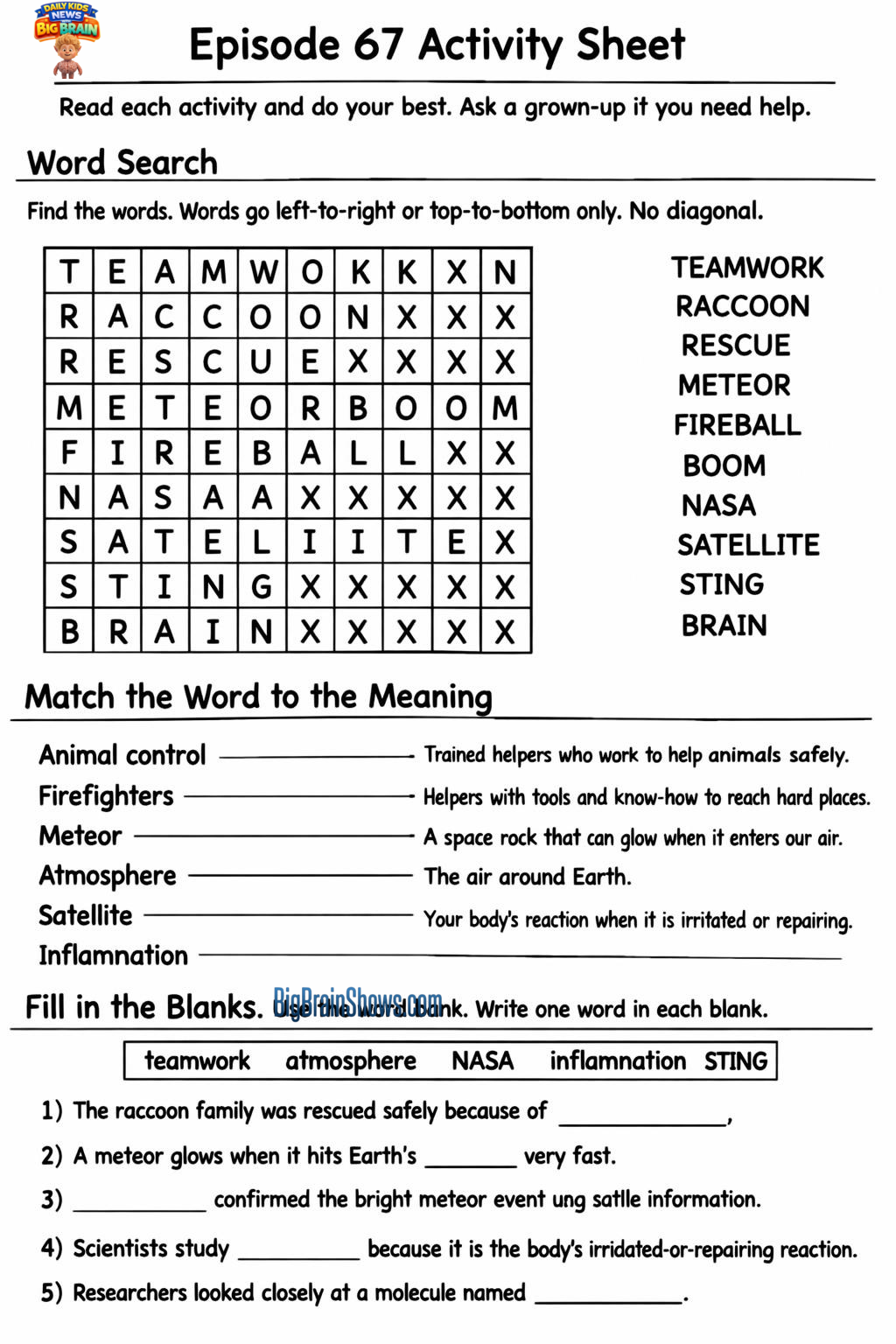 Episode 67 Activity Sheet: Helpers, Space Streaks, and Science Clues