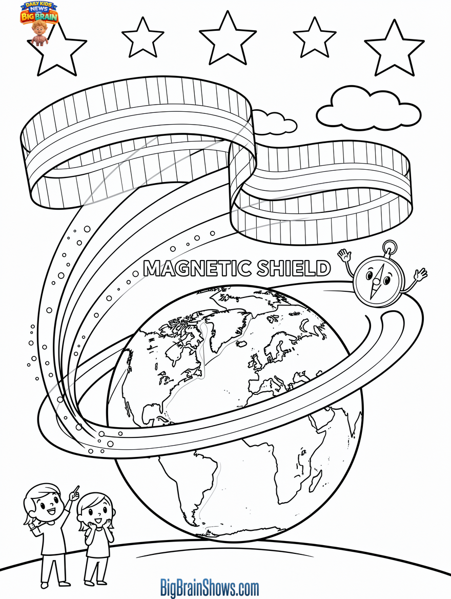 Coloring Page: Northern Lights Over Earth’s Magnetic Shield