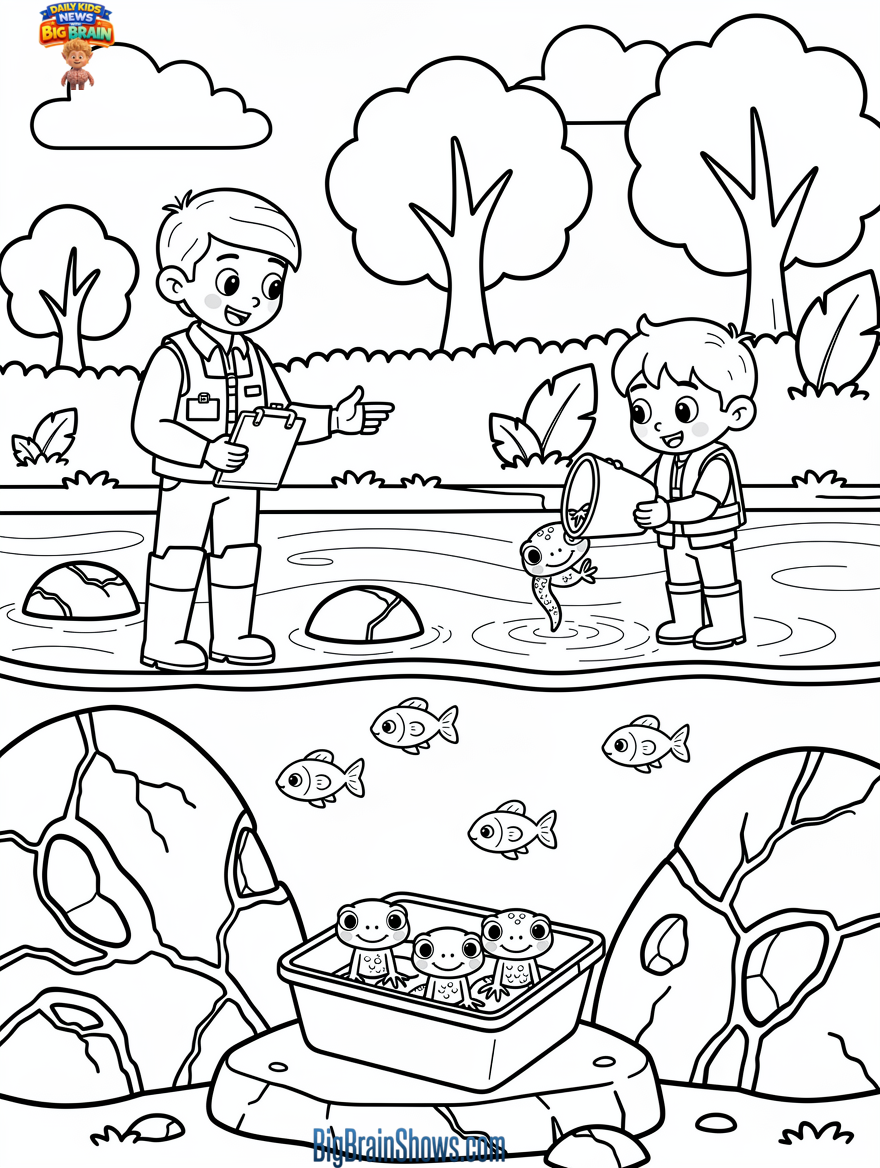Coloring Page: Releasing Young Hellbenders Back to the Stream