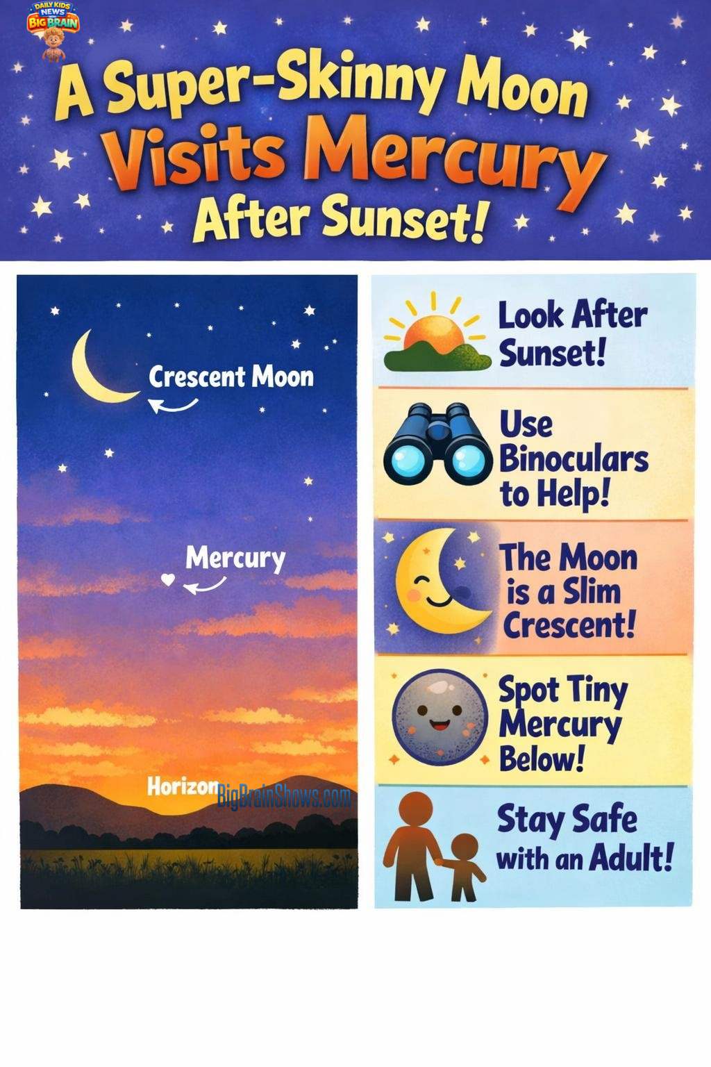 Infographic: Spotting a Thin Crescent Moon Near Mercury (Safely)