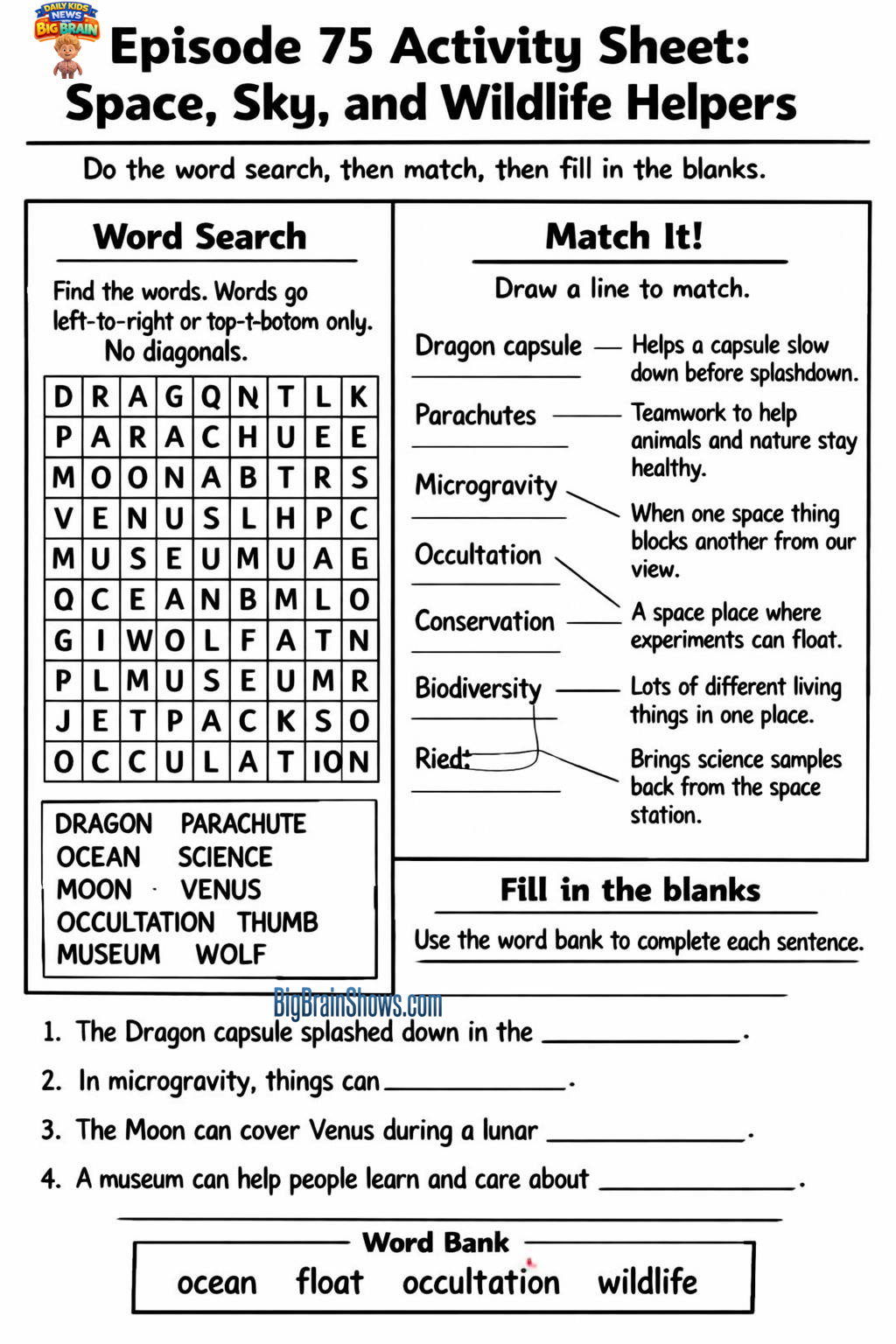 Episode 75 Activity Sheet: Space, Sky, and Wildlife Helpers