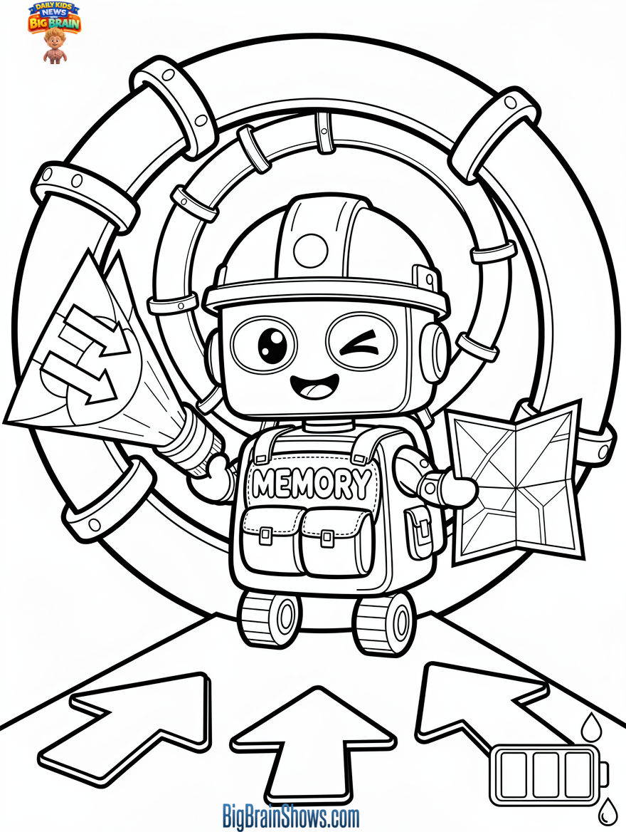 Coloring Page: Tiny Robot With a Super-Map Memory Backpack