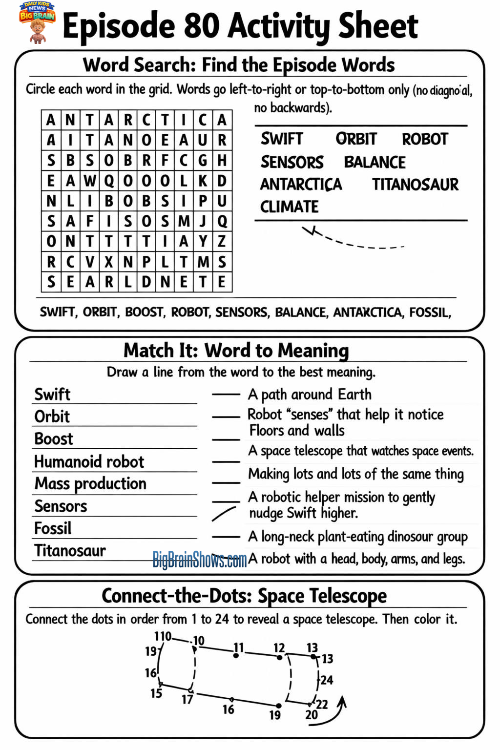 Episode 80 Activity Sheet: Orbit Words, Robot Matches, and a Telescope Dot-to-Dot