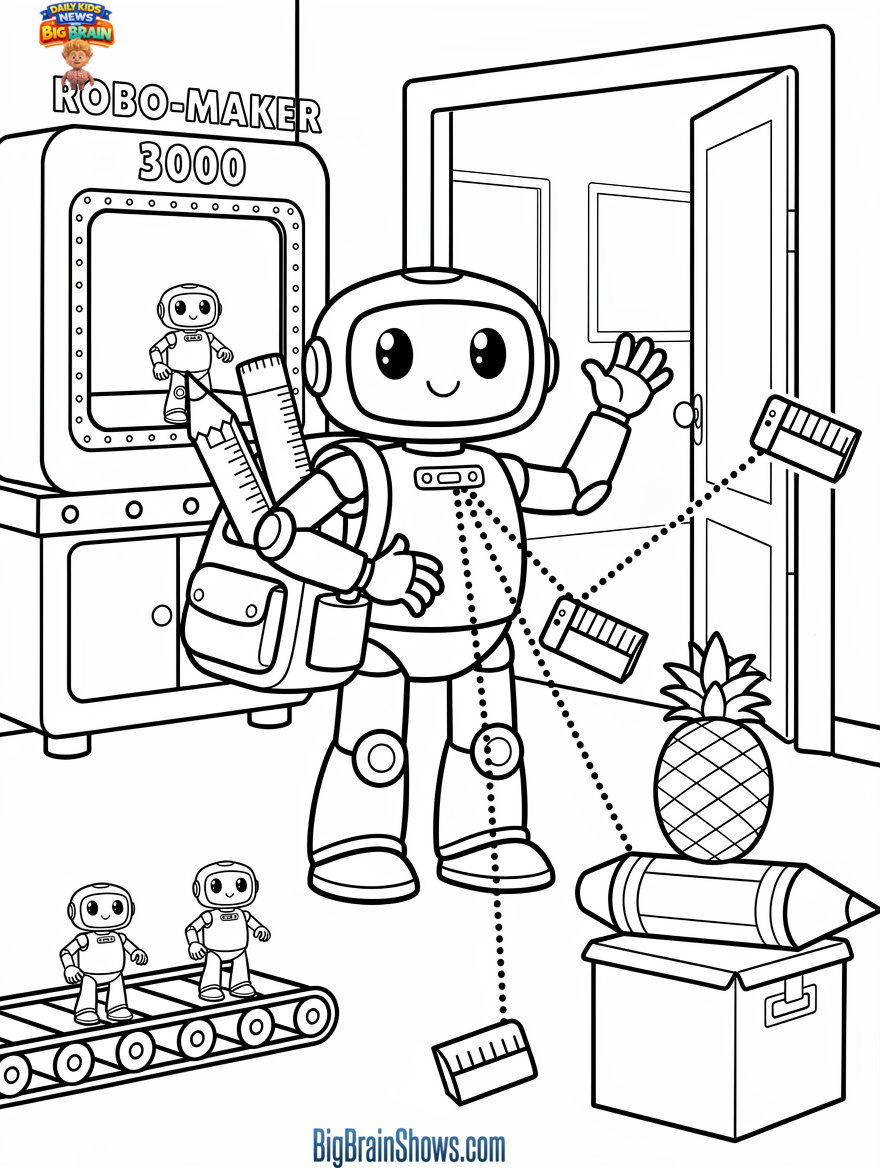 Coloring Page: Humanoid Robot with Sensors in a Human Space