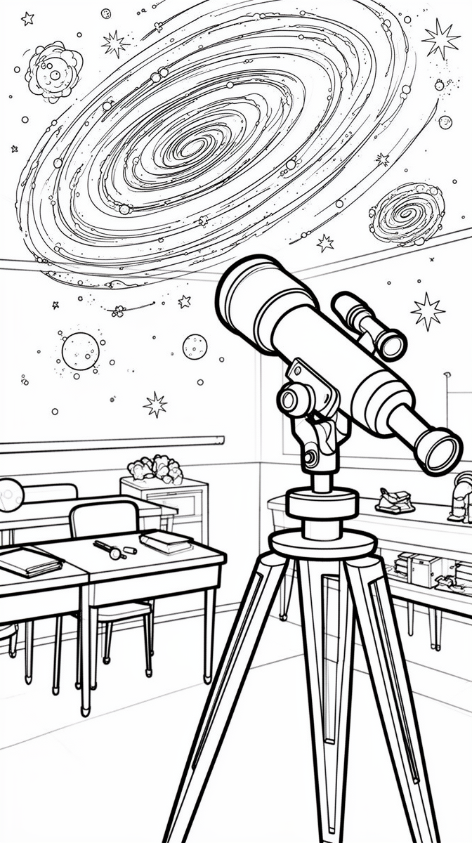 A classroom telescope spots a bright galaxy Coloring Page