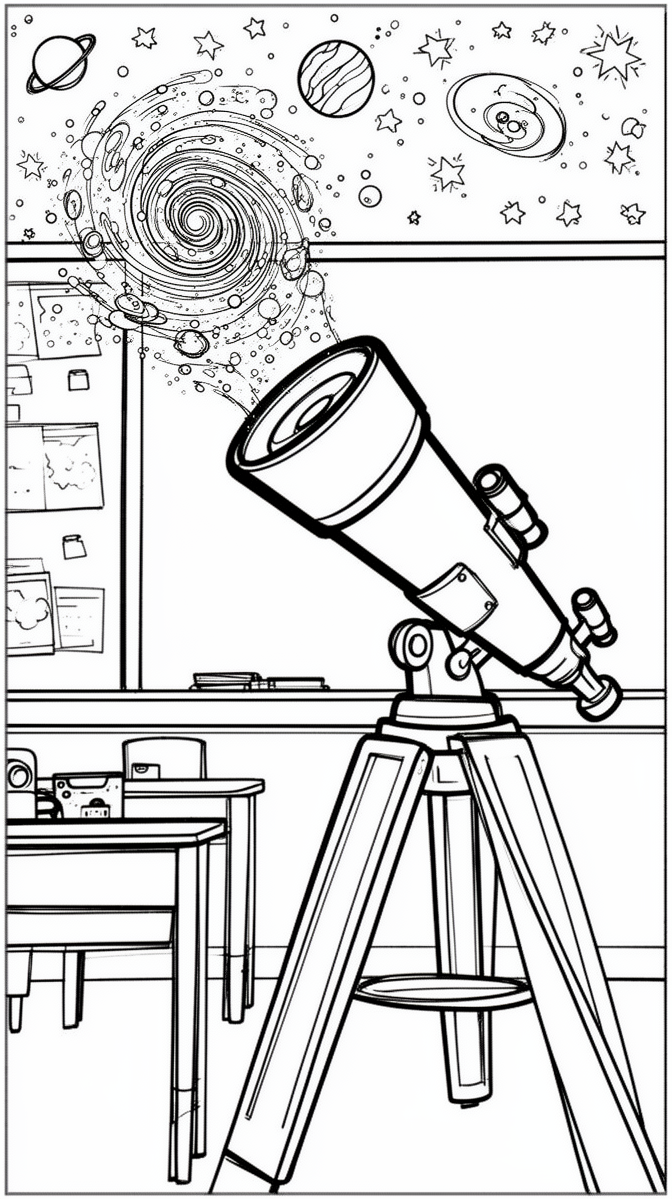 A classroom telescope spots a bright galaxy Coloring Page