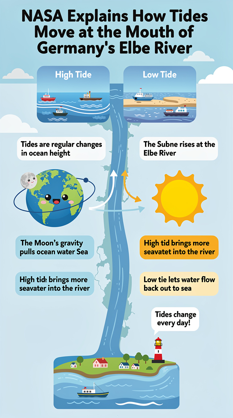NASA Explains How Tides Move at the Mouth of Germany’s Elbe River Infographic