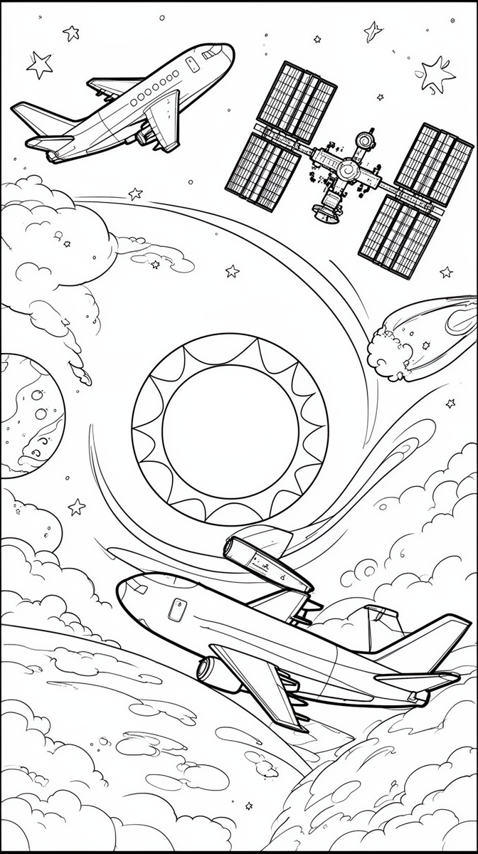 A Plane, the Space Station, and the Sun Line Up Coloring Page